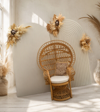 Load image into Gallery viewer, Two white backdrops / arches &amp; 3 x boho flowers &amp; Queen Peacock chair - HIRE ONLY
