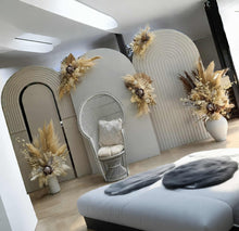 Load image into Gallery viewer, Two white backdrops / arches &amp; 5 x boho flowers &amp; White peacock chair - HIRE ONLY
