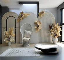 Load image into Gallery viewer, Two white backdrops / arches &amp; 5 x boho flowers &amp; White peacock chair - HIRE ONLY
