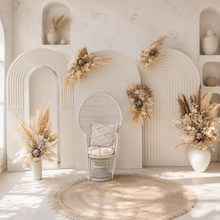 Load image into Gallery viewer, Two white backdrops / arches &amp; 5 x boho flowers &amp; White peacock chair - HIRE ONLY
