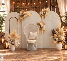 Load image into Gallery viewer, Two white backdrops / arches &amp; 5 x boho flowers &amp; White peacock chair - HIRE ONLY
