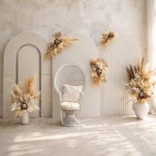 Load image into Gallery viewer, Two white backdrops / arches &amp; 5 x boho flowers &amp; White peacock chair - HIRE ONLY
