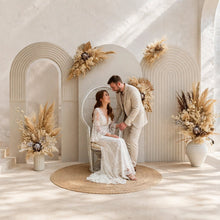 Load image into Gallery viewer, Two white backdrops / arches &amp; 5 x boho flowers &amp; White peacock chair - HIRE ONLY
