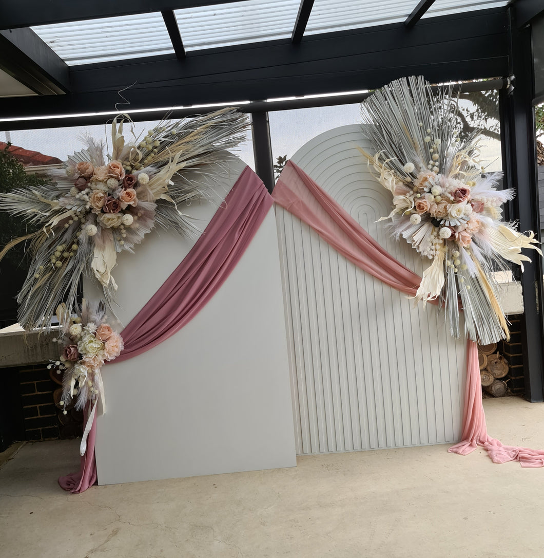 Double white backdrops / arches & 3 x boho blush flowers - HIRE ONLY