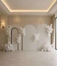 Load image into Gallery viewer, Three white backdrops / arches &amp; 5 x White flowers - Basic Package - HIRE RANGE
