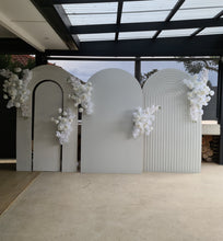 Load image into Gallery viewer, Three white backdrops / arches &amp; 5 x White flowers - Basic Package - HIRE RANGE
