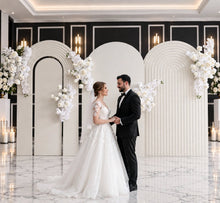 Load image into Gallery viewer, Three white backdrops / arches &amp; 5 x White flowers - Basic Package - HIRE RANGE
