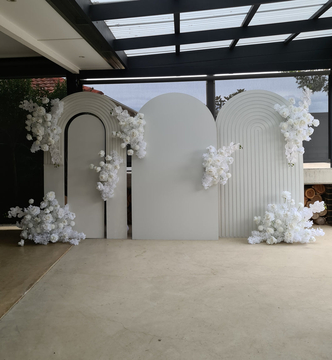 Three white backdrops / arches & 7 x White flowers - Advanced Package 1 - HIRE ONLY