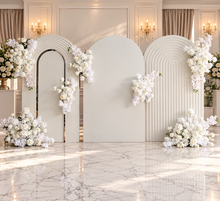 Load image into Gallery viewer, Three white backdrops / arches &amp; 7 x White flowers - Advanced Package 1 - HIRE ONLY
