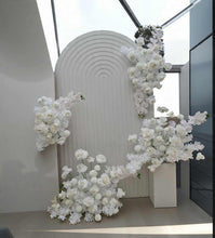 Load image into Gallery viewer, Three white backdrops / arches &amp; 11 x White flowers - Deluxe Package - HIRE ONLY

