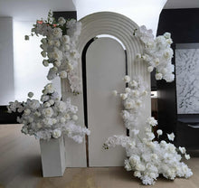 Load image into Gallery viewer, Three white backdrops / arches &amp; 11 x White flowers - Deluxe Package - HIRE ONLY
