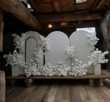 Load image into Gallery viewer, Three white backdrops / arches &amp; 11 x White flowers - Deluxe Package - HIRE ONLY
