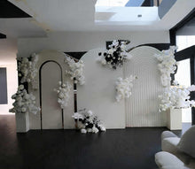 Load image into Gallery viewer, Three white backdrops / arches &amp; 9 x Black/White flowers - Deluxe Package - HIRE ONLY
