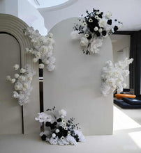 Load image into Gallery viewer, Three white backdrops / arches &amp; 9 x Black/White flowers - Deluxe Package - HIRE ONLY

