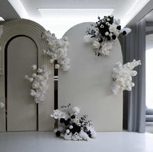 Load image into Gallery viewer, Three white backdrops / arches &amp; 9 x Black/White flowers - Deluxe Package - HIRE ONLY
