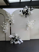 Load image into Gallery viewer, Three white backdrops / arches &amp; 9 x Black/White flowers - Deluxe Package - HIRE ONLY
