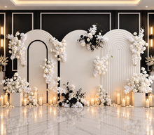 Load image into Gallery viewer, Three white backdrops / arches &amp; 9 x Black/White flowers - Deluxe Package - HIRE ONLY
