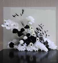Load image into Gallery viewer, White arch / backdrop &amp; black and white flowers - HIRE ONLY
