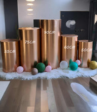 Load image into Gallery viewer, Rose Gold cylinder plinth cake or flower stand - 90cm - HIRE ONLY
