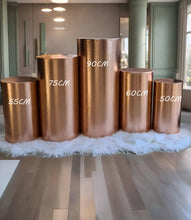 Load image into Gallery viewer, Rose Gold cylinder plinth cake or flower stand - 90cm - HIRE ONLY
