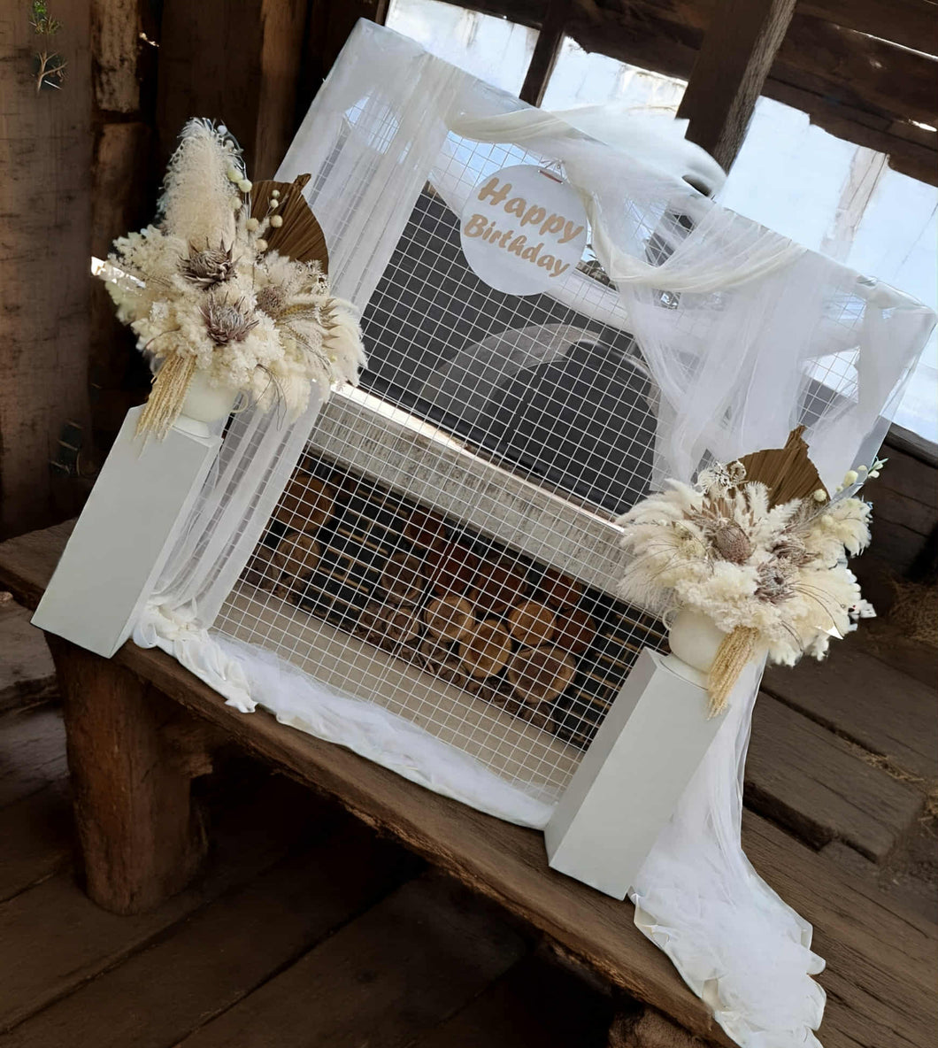 Boho urns & white mesh backdrop Birthday package - HIRE ONLY