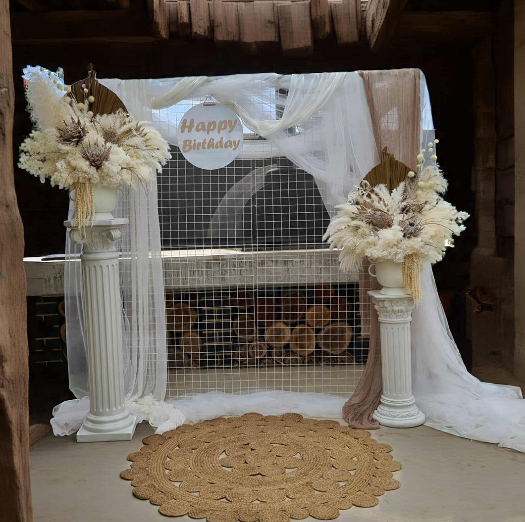 Boho urns & white mesh Roman columns Birthday package - HIRE ONLY