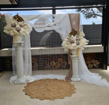 Load image into Gallery viewer, Boho urns &amp; white mesh Roman columns Birthday package - HIRE ONLY
