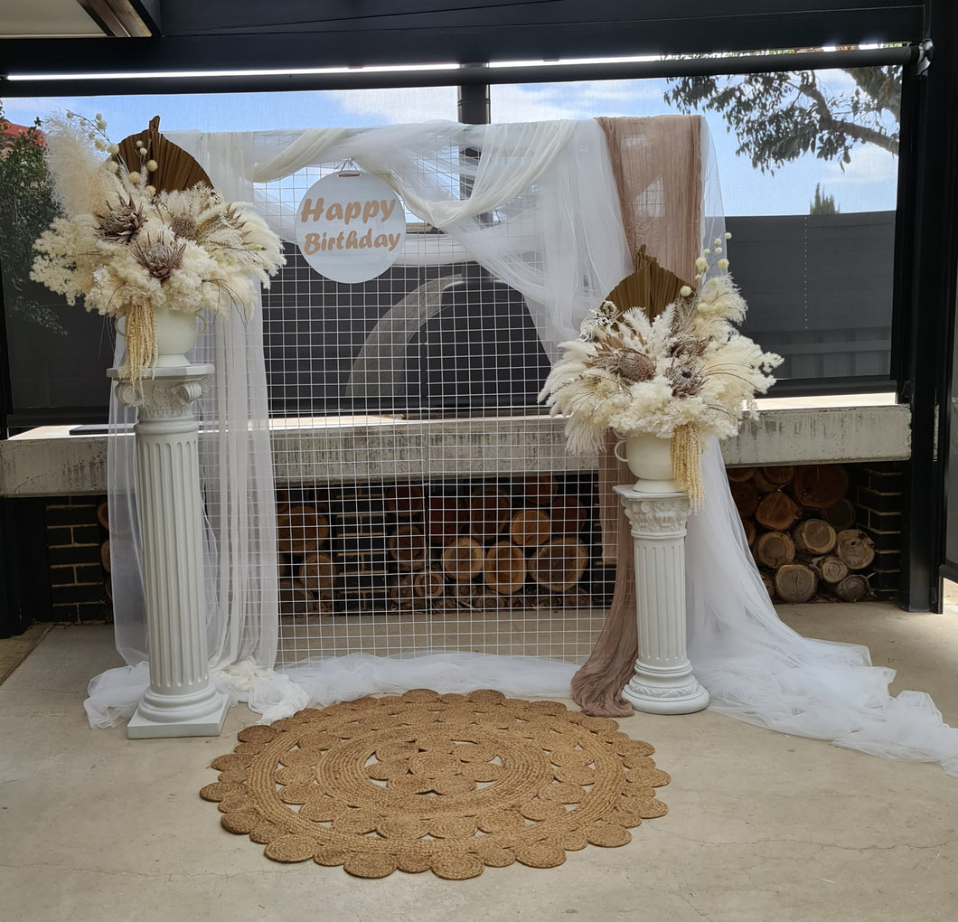 Boho urns & white mesh Roman columns Birthday package - HIRE ONLY