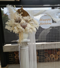 Load image into Gallery viewer, Boho urns &amp; white mesh Roman columns Birthday package - HIRE ONLY

