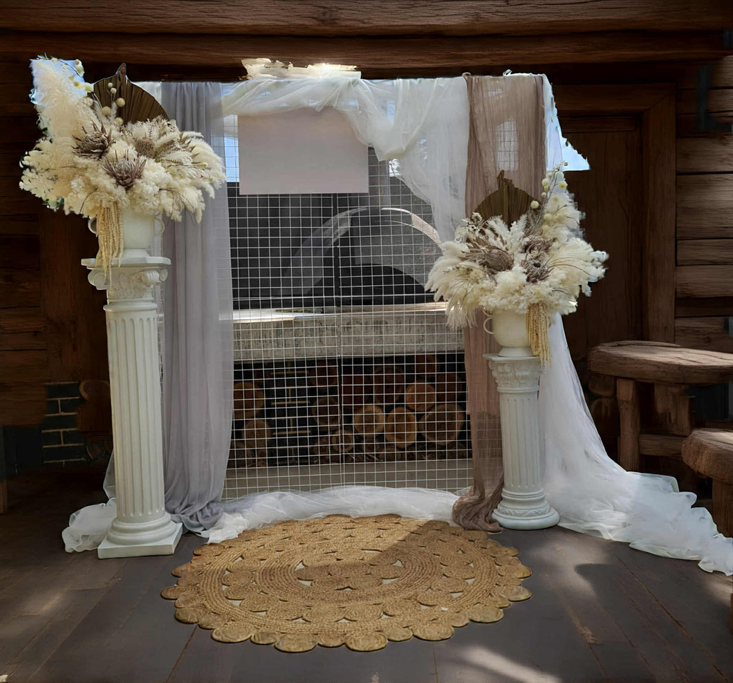 Boho urns & white mesh Roman columns - HIRE ONLY