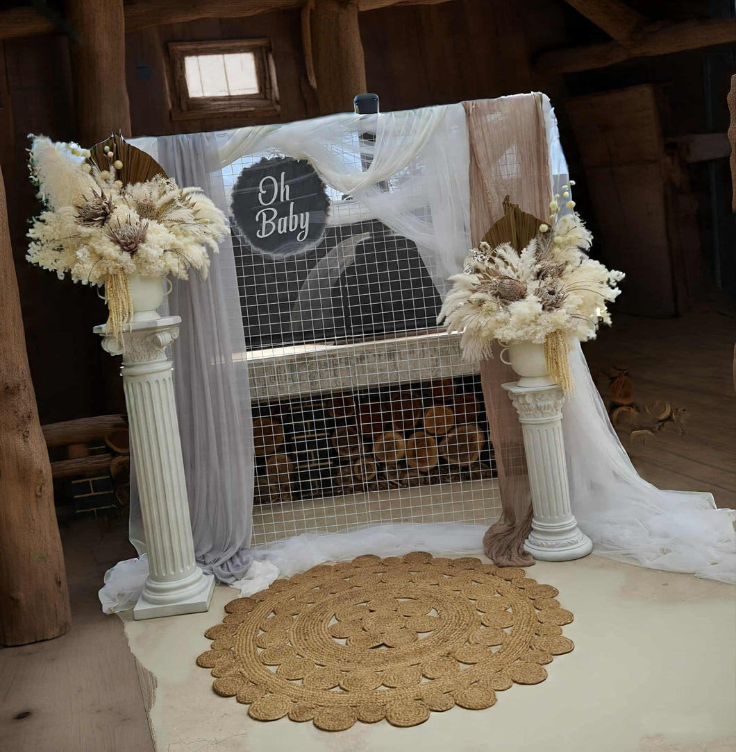 Boho urns & white mesh Roman columns Baby shower package - HIRE ONLY