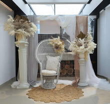 Load image into Gallery viewer, Boho urns &amp; white mesh Roman columns &amp; white peacock chair - HIRE ONLY
