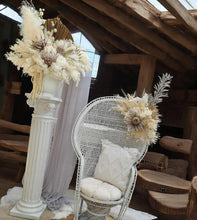 Load image into Gallery viewer, Boho urns &amp; white mesh Roman columns &amp; white peacock chair - HIRE ONLY
