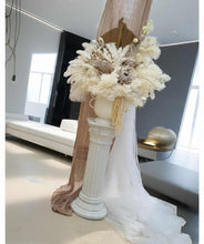 Load image into Gallery viewer, Boho urns &amp; white mesh Roman columns &amp; white peacock chair - HIRE ONLY
