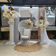Load image into Gallery viewer, Boho urns &amp; white mesh Roman columns &amp; white peacock chair - HIRE ONLY
