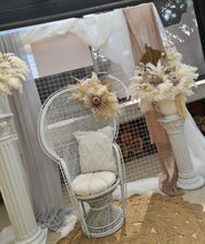 Load image into Gallery viewer, Boho urns &amp; white mesh Roman columns &amp; white peacock chair - HIRE ONLY
