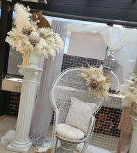 Load image into Gallery viewer, Boho urns &amp; white mesh Roman columns &amp; white peacock chair - HIRE ONLY
