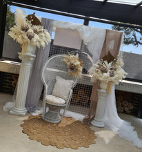 Load image into Gallery viewer, Boho urns &amp; white mesh Roman columns &amp; white peacock chair - HIRE ONLY
