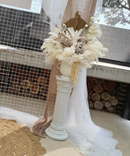 Load image into Gallery viewer, Boho urns &amp; white mesh Roman columns &amp; white peacock chair - HIRE ONLY
