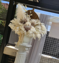 Load image into Gallery viewer, Boho urns &amp; white mesh Roman columns &amp; white peacock chair - HIRE ONLY
