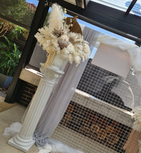 Load image into Gallery viewer, Boho urns &amp; white mesh Roman columns &amp; white peacock chair - HIRE ONLY
