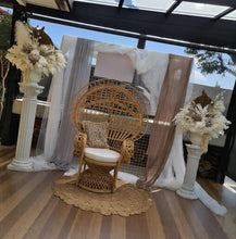 Load image into Gallery viewer, Boho urns &amp; white mesh Roman columns &amp; Queen peacock chair - HIRE ONLY
