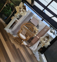 Load image into Gallery viewer, Boho urns &amp; white mesh Roman columns &amp; Queen peacock chair - HIRE ONLY
