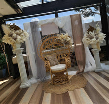 Load image into Gallery viewer, Boho urns &amp; white mesh Roman columns &amp; Queen peacock chair - HIRE ONLY
