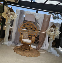 Load image into Gallery viewer, Boho urns &amp; white mesh Roman columns &amp; Queen peacock chair - HIRE ONLY
