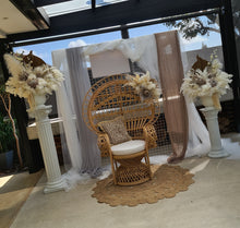 Load image into Gallery viewer, Boho urns &amp; white mesh Roman columns &amp; Queen peacock chair - HIRE ONLY

