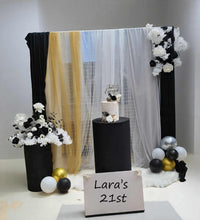 Load image into Gallery viewer, Black, Gold &amp; white - Mesh backdrop - Deluxe Package - HIRE ONLY
