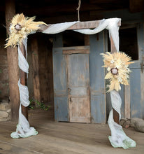 Load image into Gallery viewer, Rustic Wooden Arbour arch with 2  x boho flowers - HIRE ONLY
