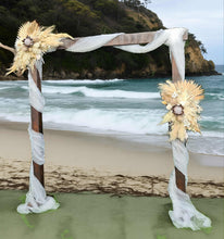 Load image into Gallery viewer, Rustic Wooden Arbour arch with 2  x boho flowers - HIRE ONLY
