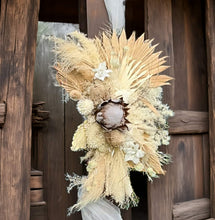 Load image into Gallery viewer, Rustic Wooden Arbour arch with 2  x boho flowers - HIRE ONLY
